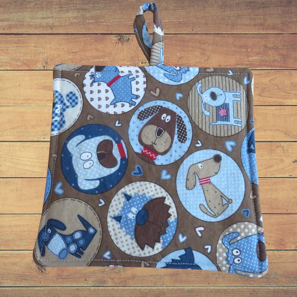 Handmade Potholder, Brown and Blue Dogs